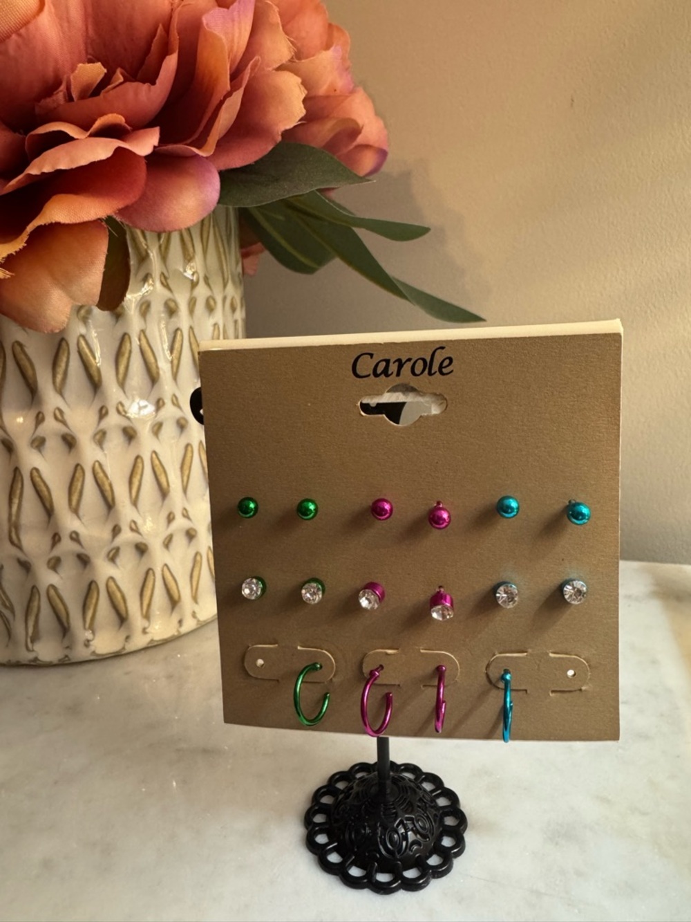 Carolee Multi-Color Stud and Hoop Earring Set - Green, Pink, Blue